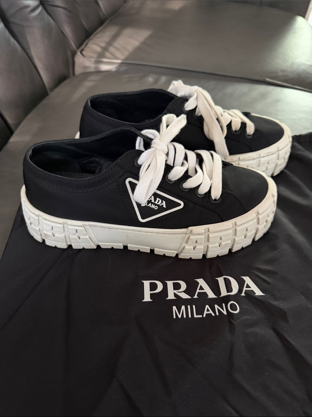 Prada Black Nylon Platform Sneakers with White Soles and Laces